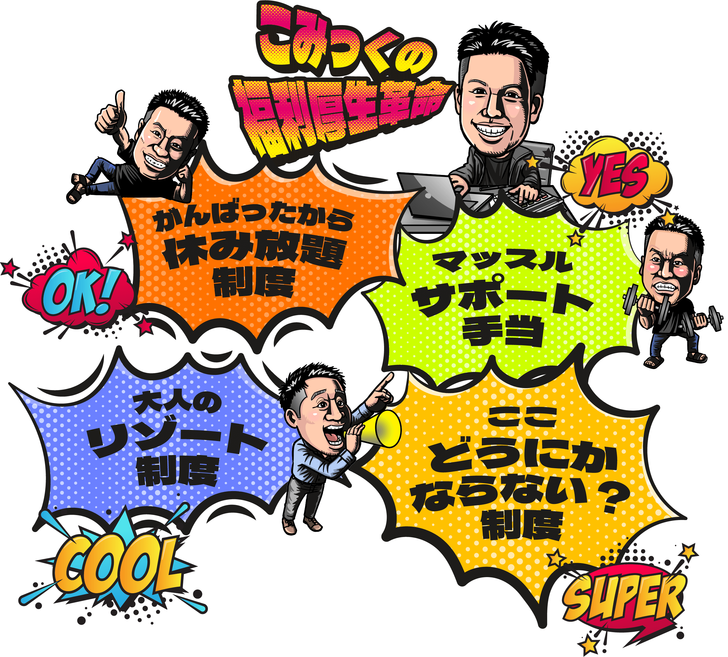 こみっくの
          福利厚生革命/⚫️がんばったから休み放題制度⚫︎マッスルサポート手当⚫️大人のリゾート制度⚫️ここどうにかならない？制度